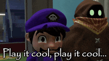 a cartoon character with the words play it cool play it cool on the bottom