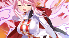 a girl with pink hair is wearing a white shirt and a red cape .