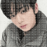 a woman 's face is obscured by a repeating pattern of the word soy