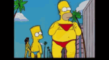 homer simpson and bart simpson are standing next to each other on a beach
