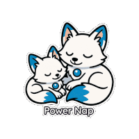 a sticker that says power nap with two foxes sleeping