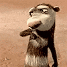 a close up of a cartoon opossum standing on its hind legs .