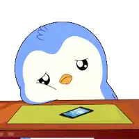 a cartoon penguin is sitting at a table with a cell phone