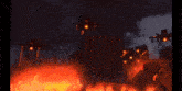 a group of fighter jets are flying over a burning city at night