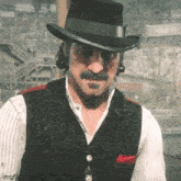 a man with a mustache wearing a top hat and a vest