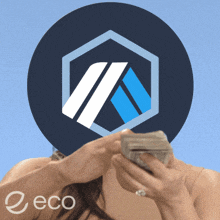 a woman is holding a stack of money in front of a circle with the word eco on it
