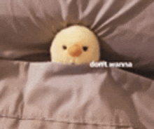 a stuffed chicken is sticking its head out of a pillow on a bed