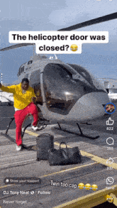 a man is sitting on a helicopter with a caption that says the helicopter door was closed