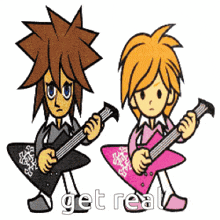 a boy and a girl are playing guitars and the words get real are below them