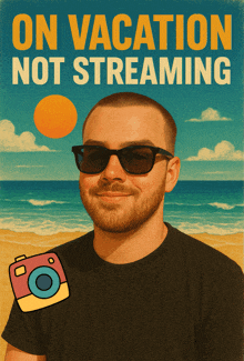 a poster of a man on the beach with the words on vacation not streaming