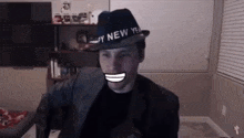 a man wearing a hat that says happy new year