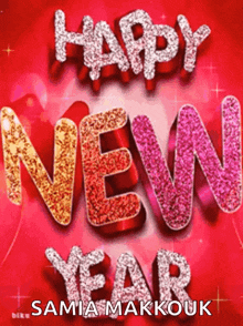 a happy new year greeting card with a red background