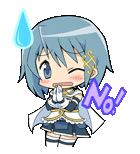 a cartoon of a girl with blue hair and a sticker that says `` no '' .