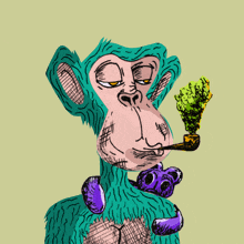 a drawing of a monkey smoking a pipe with a purple necklace around his neck
