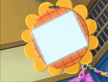a cartoon drawing of a flower with the word caution written above it