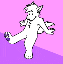 a cartoon drawing of a white furry animal on a pink and purple background .