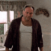 a man wearing a striped robe and a white tank top is standing in front of a window