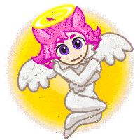 a cartoon angel with pink hair and a halo