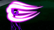 a cartoon character with purple hair and a purple light coming out of his mouth .