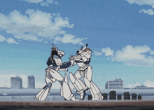 two robots are fighting in front of a blue sky with clouds and buildings in the background
