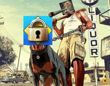 a man walking a dog with a padlock on his head and a liquor sign in the background