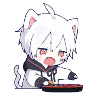 a chibi anime character with a cat ear is eating a plate of food