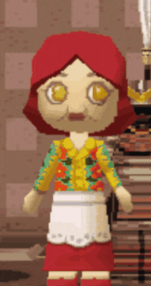 a pixelated cartoon character with red hair and yellow eyes