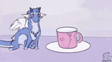 a cartoon of a blue and white dragon sitting in a cup