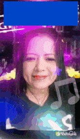 a woman 's face is surrounded by music notes and a blue box that says ' g ' on it