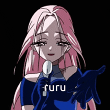 a girl with pink hair is holding a microphone and the word ruru is on the bottom of the image