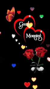 a woman is surrounded by hearts and flowers and says good morning