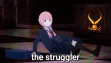 a girl in a school uniform is laying on the floor with the words " the strugger " written below her
