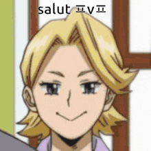 a close up of a cartoon character 's face with the word salut written on it
