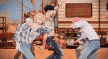 a group of people are dancing in front of a trailer that has the word rv on it