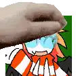a cartoon character wearing a striped shirt and sunglasses is being touched by a dog .
