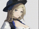 a blonde anime girl wearing a hat and a choker is smiling .