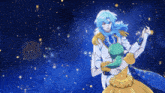 a man and a woman are dancing in front of a blue sky filled with stars