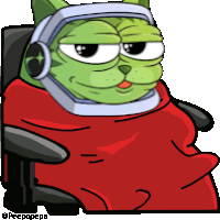 a green cat wearing headphones and a red blanket