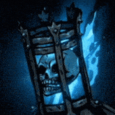 a skull in a cage with a blue light coming out of it