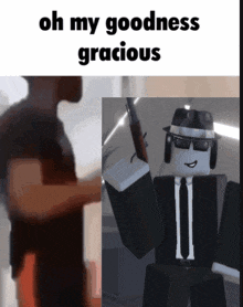 a picture of a roblox character with the words oh my goodness gracious on it