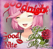 a picture of a girl with pink hair saying goodnight