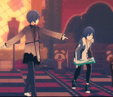 a couple of anime characters standing next to each other with one pointing