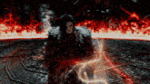 a man in armor is standing in front of a fire circle