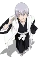 a man in a black and white kimono holding a sword