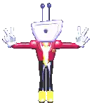 a pixel art drawing of a cartoon character with a purple head and yellow shoes .