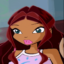 a close up of a cartoon character with red hair