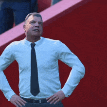 a man wearing a white shirt and black tie stands with his hands on his hips