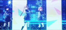 three anime girls are dancing on a stage in front of a city skyline