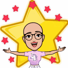 a cartoon of a woman wearing a unicorn shirt with her arms outstretched