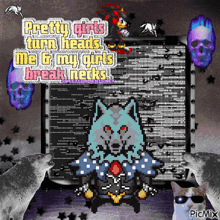 a pixel art of a wolf with the words " pretty girls turn heads me & my girls break nerks "
